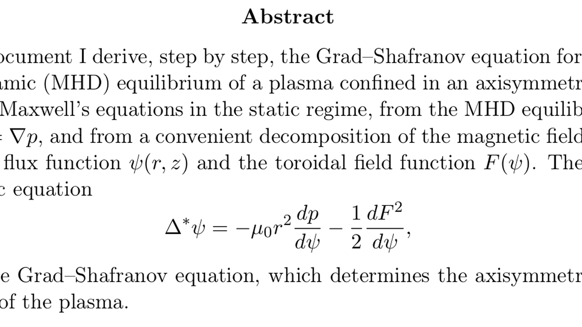 Derivation of the Grad–Shafranov Equation for Tokamak Equilibrium