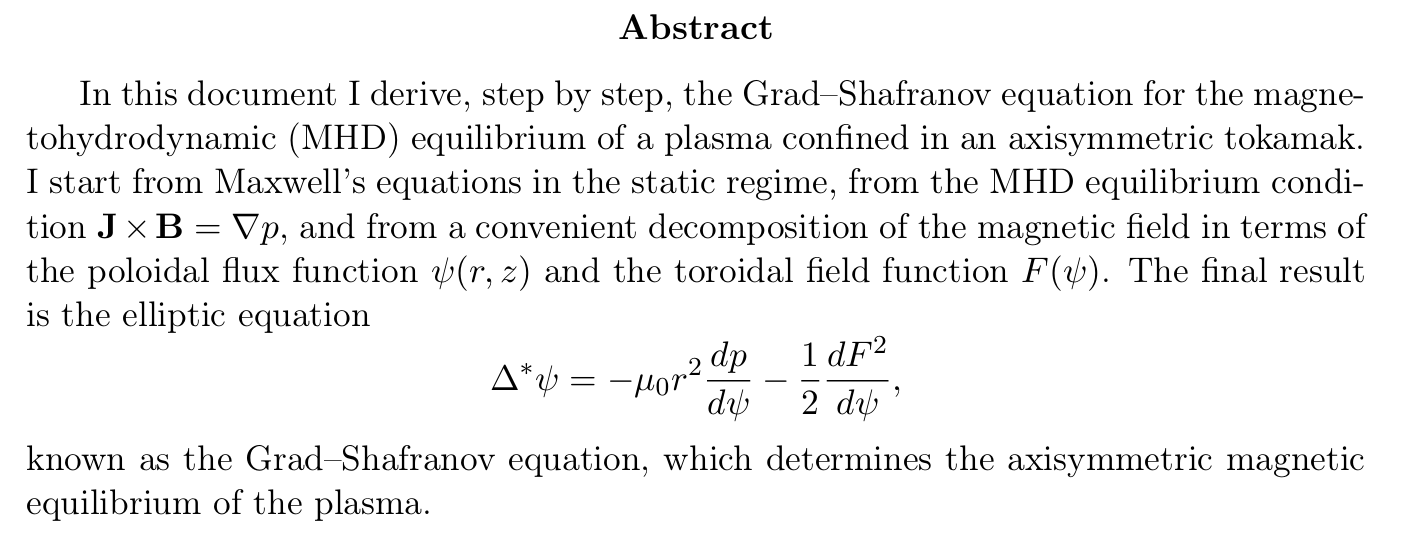 Derivation of the Grad–Shafranov Equation for Tokamak Equilibrium